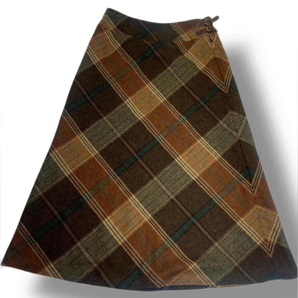 Vintage Lauren Ralph Lauren Wool and Leather Brown Plaid Midi Skirt Size 10
